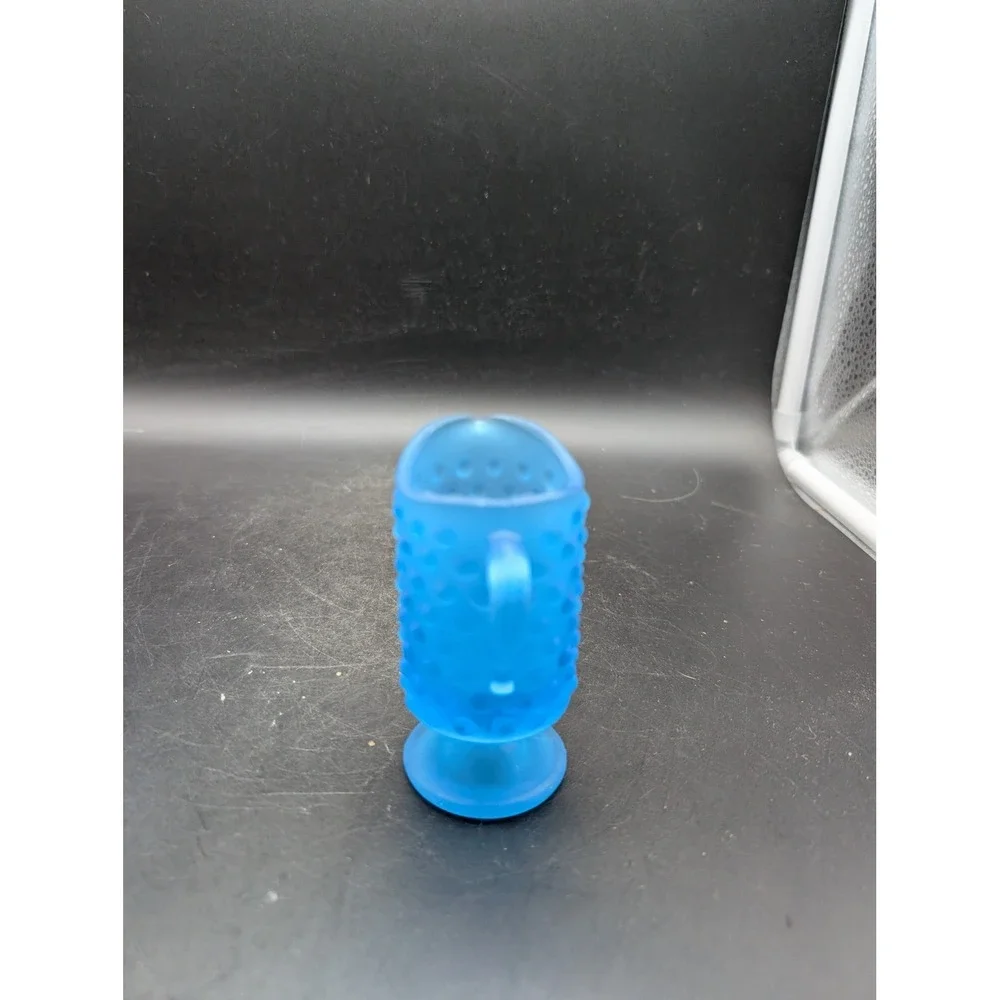 Blue Satin‎ Hobnail Glass Pitcher Creamer Footed Frosted Mid Century Modern 3